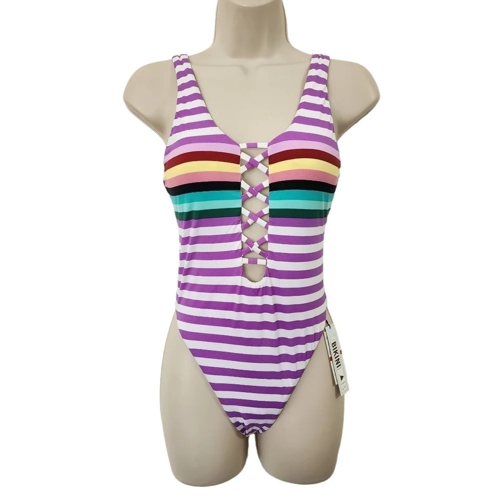 THE BIKINI LAB Purple Striped One Piece Swimsuit XS NWT